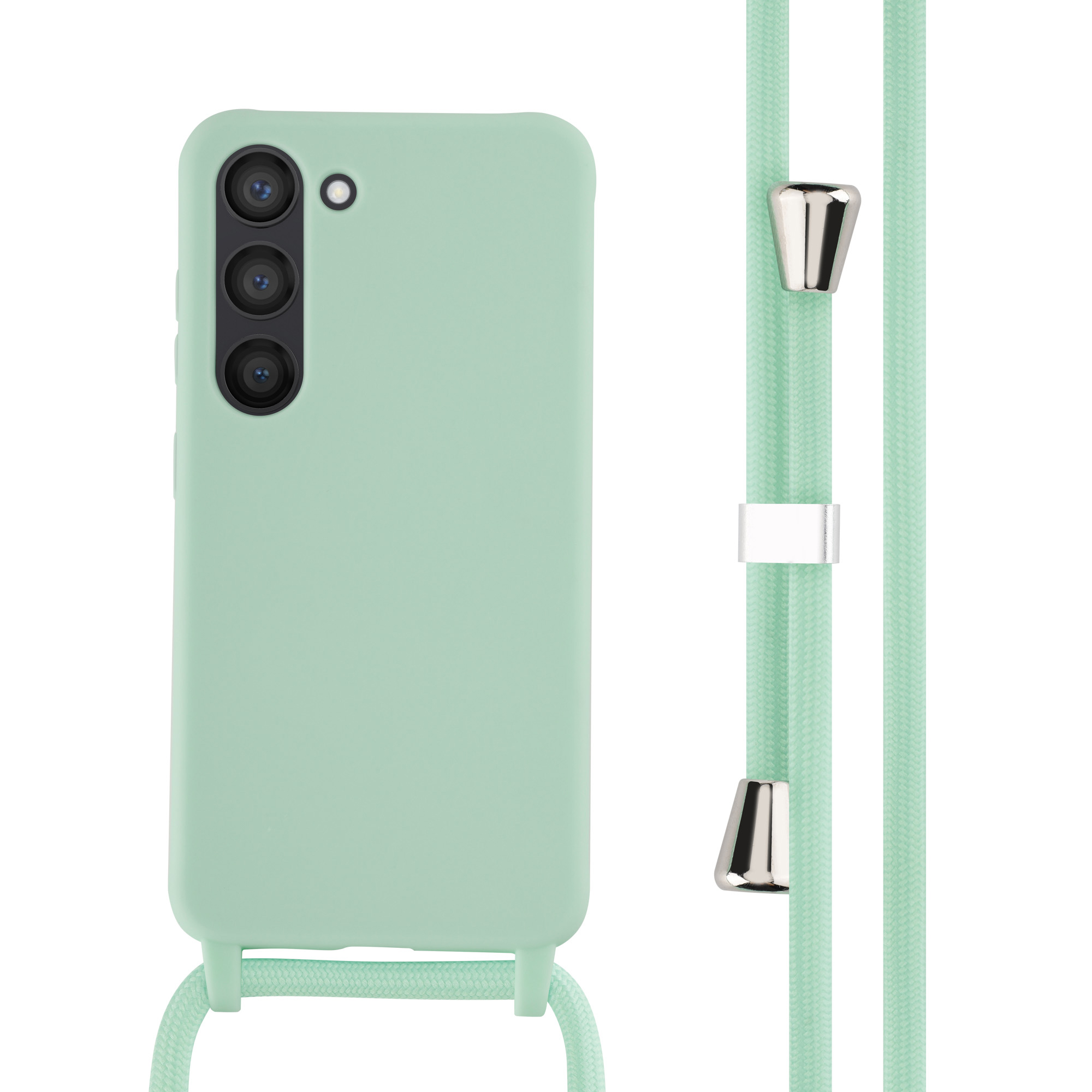 Groen telefoonhoesje met bandje. Witte achtergrond. De telefoon is zichtbaar.