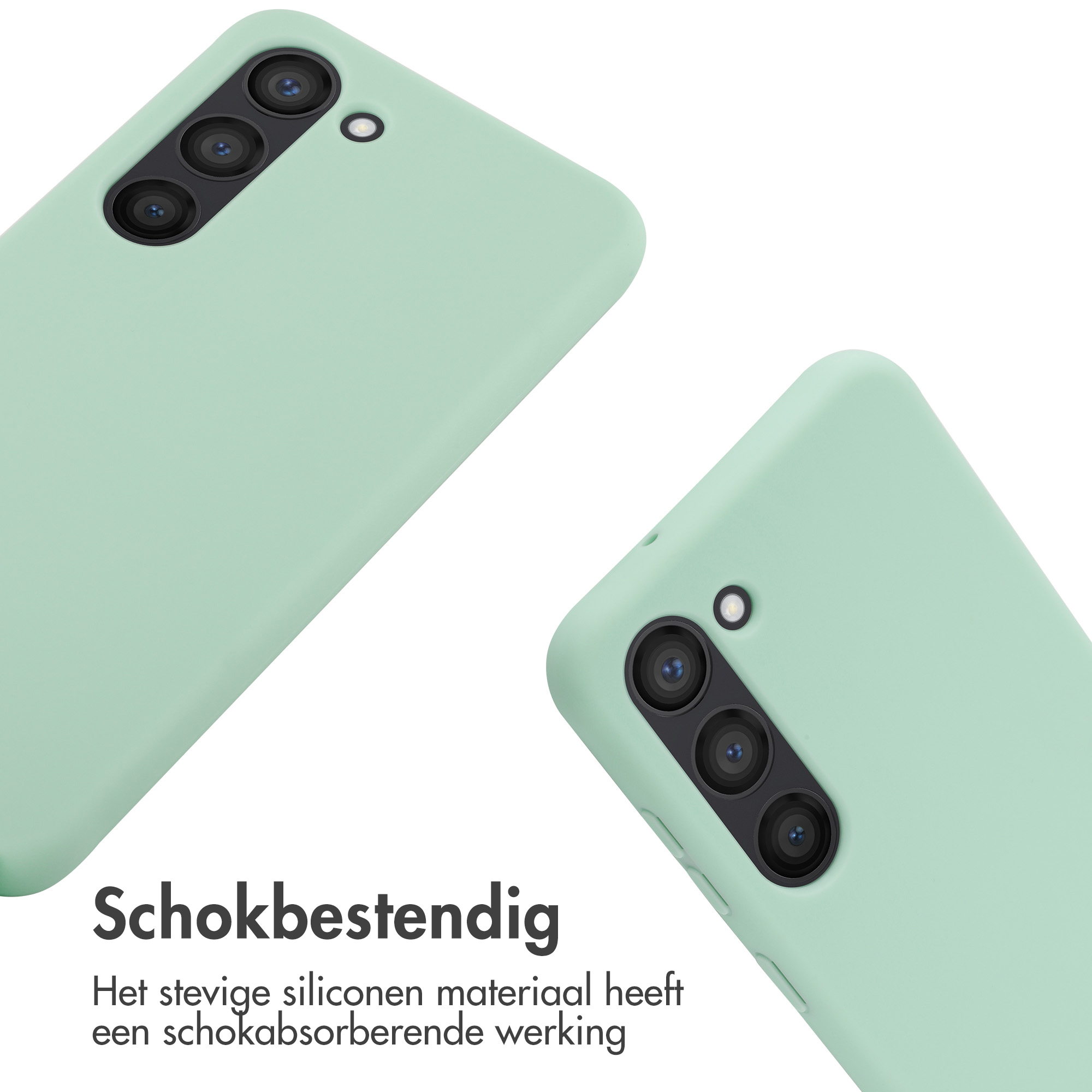 Twee mintgroene telefoonhoesjes met camerasystemen op witte achtergrond.