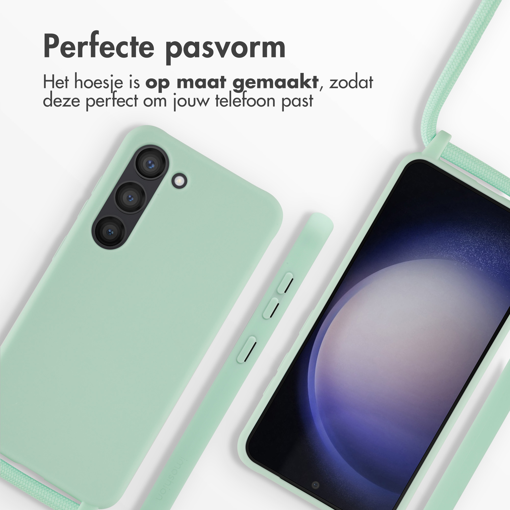 Mintgroene telefoonhoes met koord, toont achter- en voorkant.