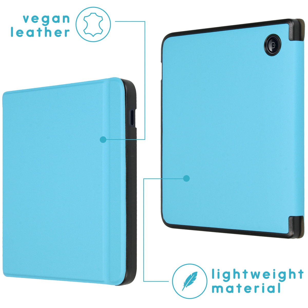 Deux étuis pour tablettes, couleur cyan. Un fermé, un ouvert. Texte : cuir végétal, matière légère. Bords noirs.