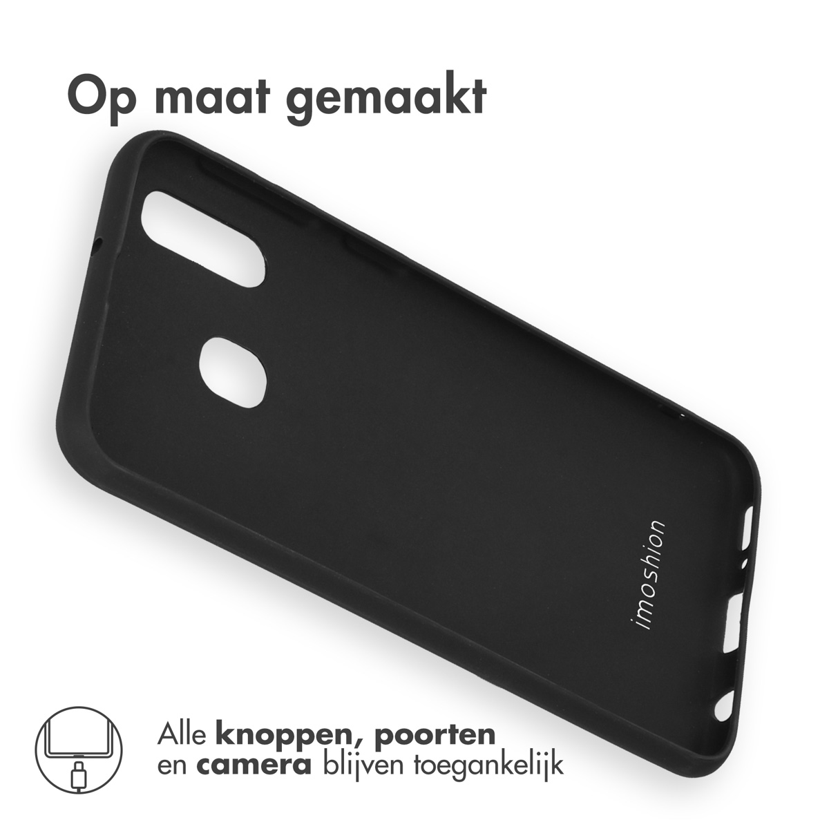 Coque de téléphone noire avec découpes pour boutons et appareil photo, sur fond blanc. Texte présent.