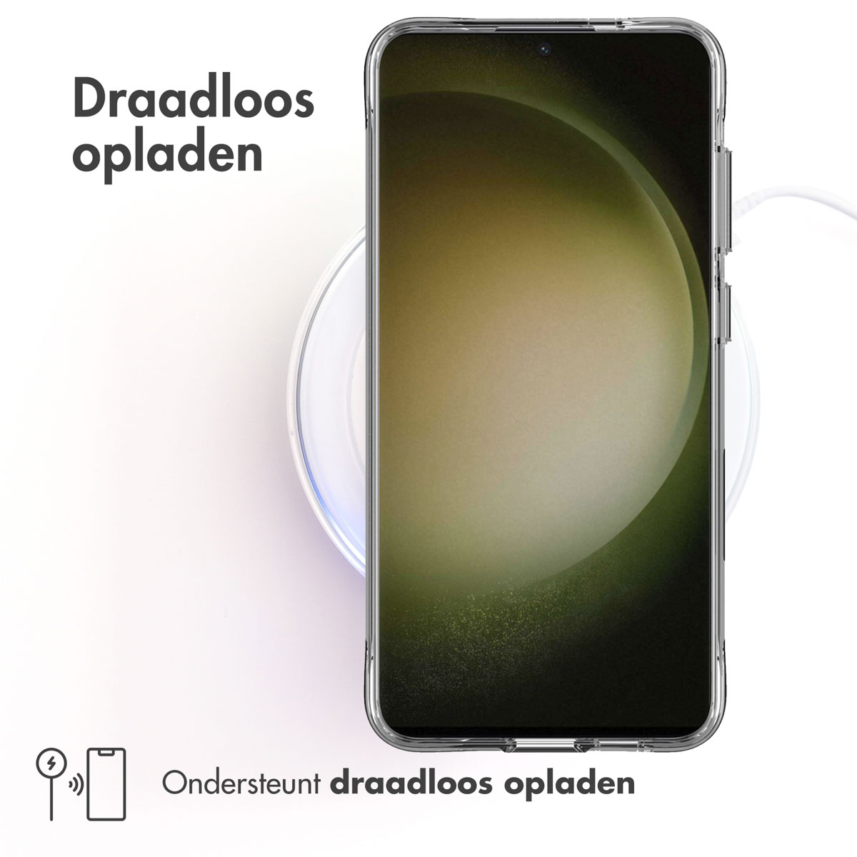 Telefoon in transparante hoes, draadloos opladen. Witte oplader. Tekst: Draadloos opladen, Ondersteunt.