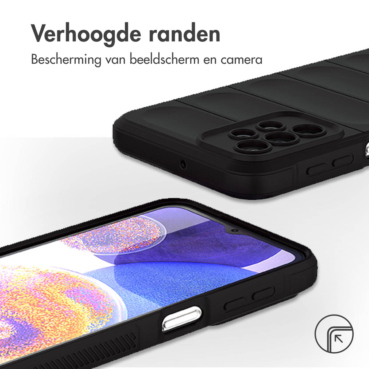 A black phone case, protecting the phone's screen and camera.