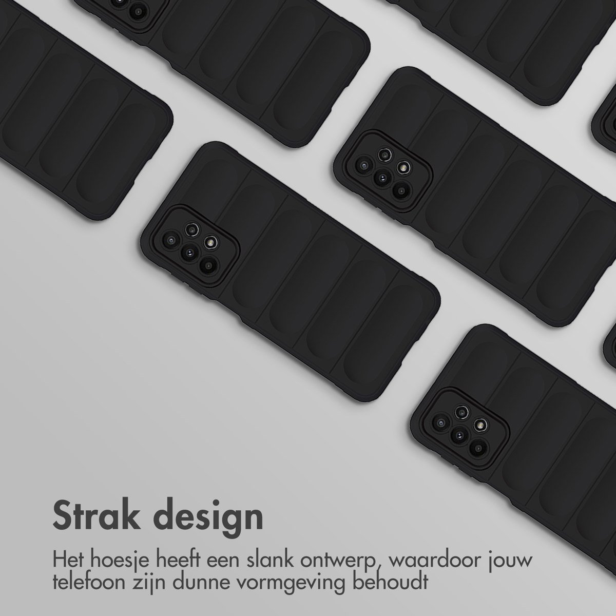 Diverse cover nere per telefono con motivo a coste disposte su sfondo grigio.