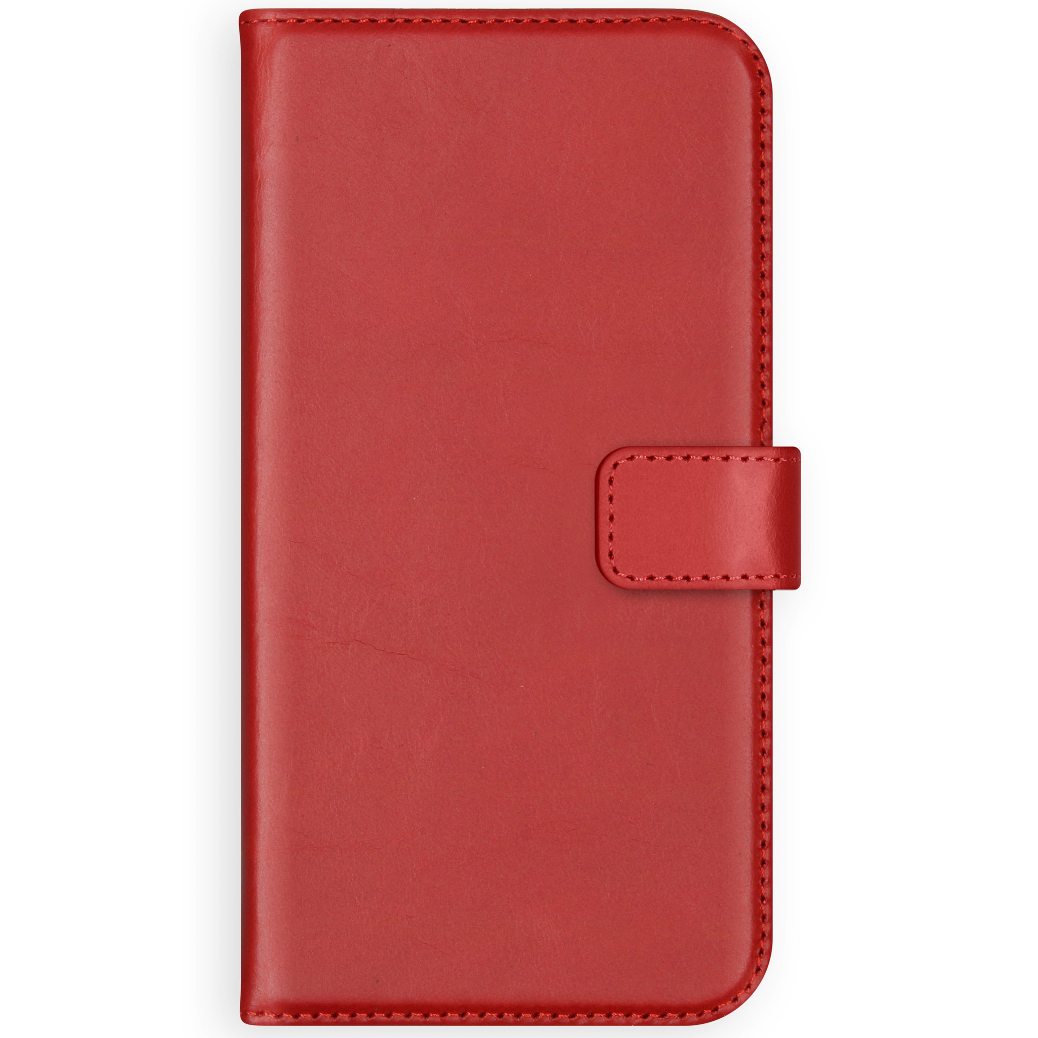 Coque de téléphone en cuir rouge avec un fermoir.