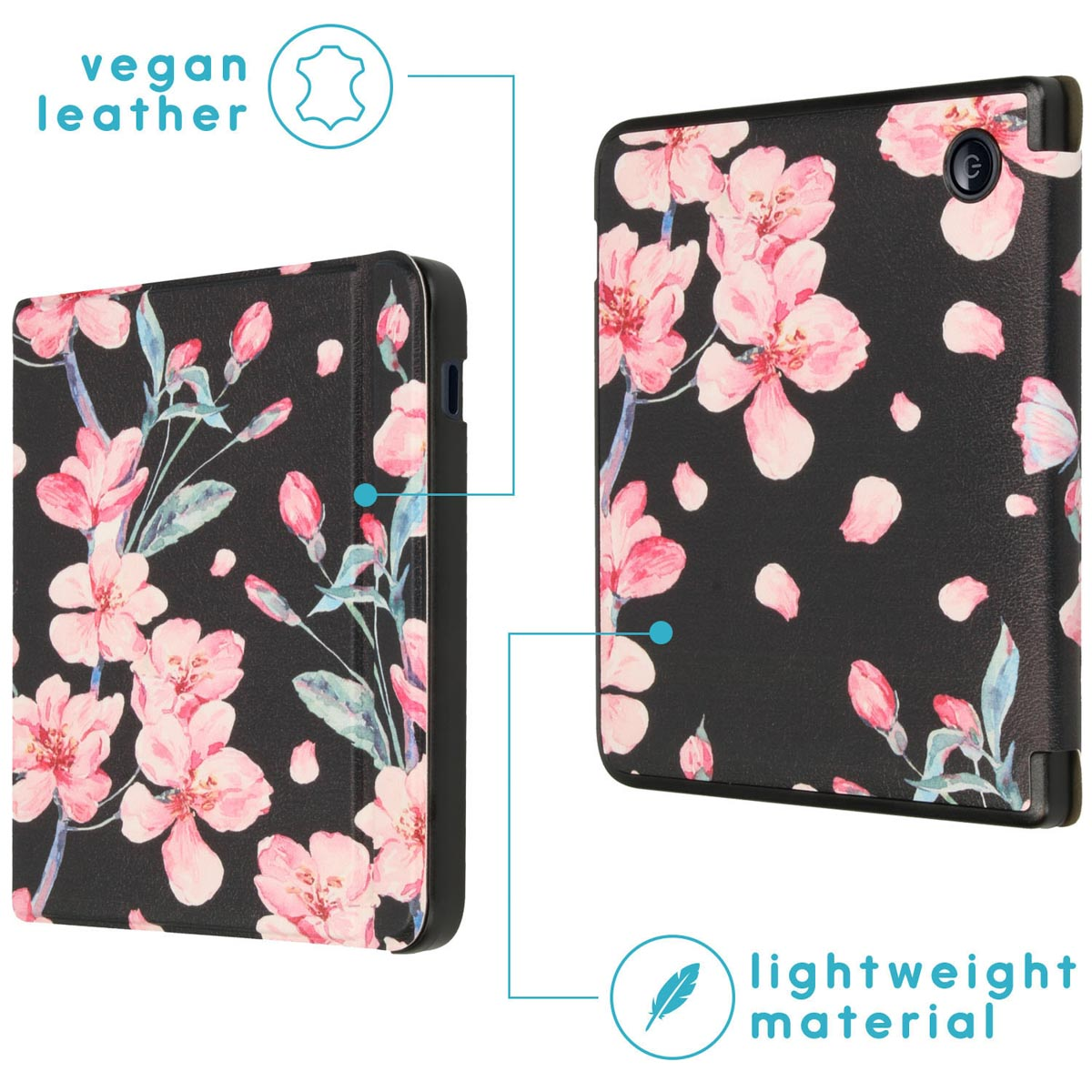 Étui de tablette noir avec motif floral rose. Cuir végétalien et matériau léger sont indiqués. Fleurs et feuilles visibles.