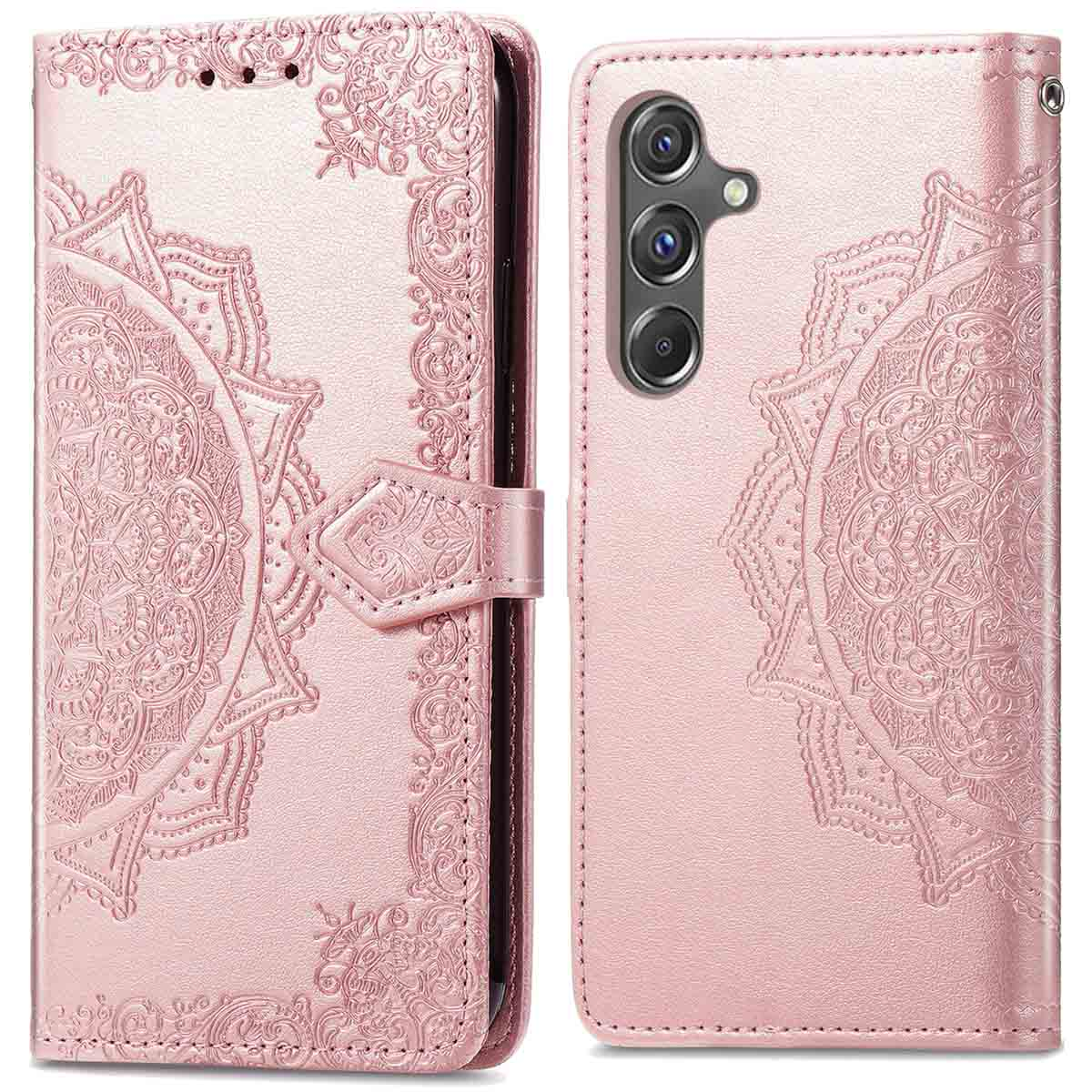 Étui de téléphone rose avec motif mandala, ouvert, montrant le téléphone, avec fermeture magnétique.