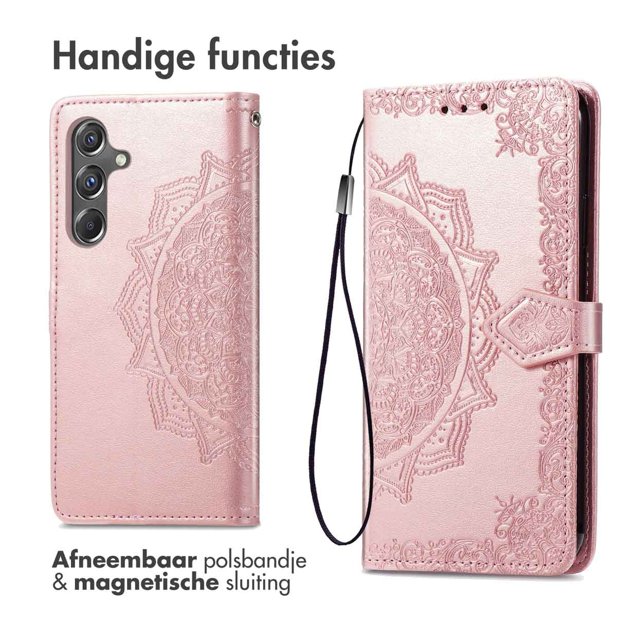 Deux étuis de téléphone roses, un ouvert et un fermé. Les deux étuis ont un motif mandala. L'un a une dragonne.