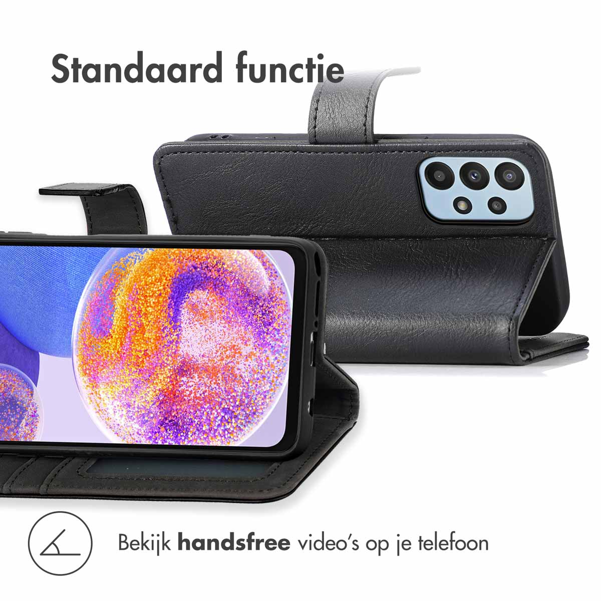 Zwarte telefoonhoes met standaardfunctie en kleurrijk behang.