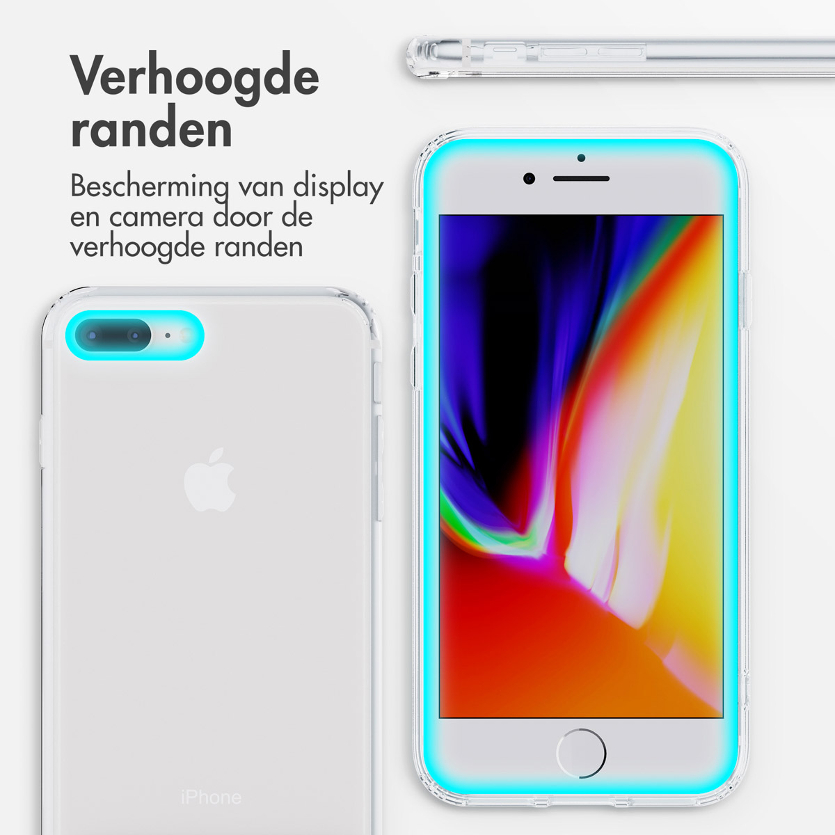 Une coque de téléphone transparente avec un bord bleu, montrant le dos et l'écran d'un iPhone.