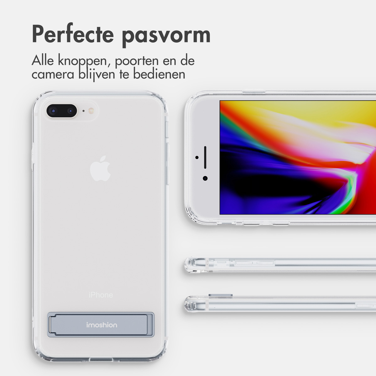 Coque iPhone transparente avec béquille et vue détaillée des boutons.