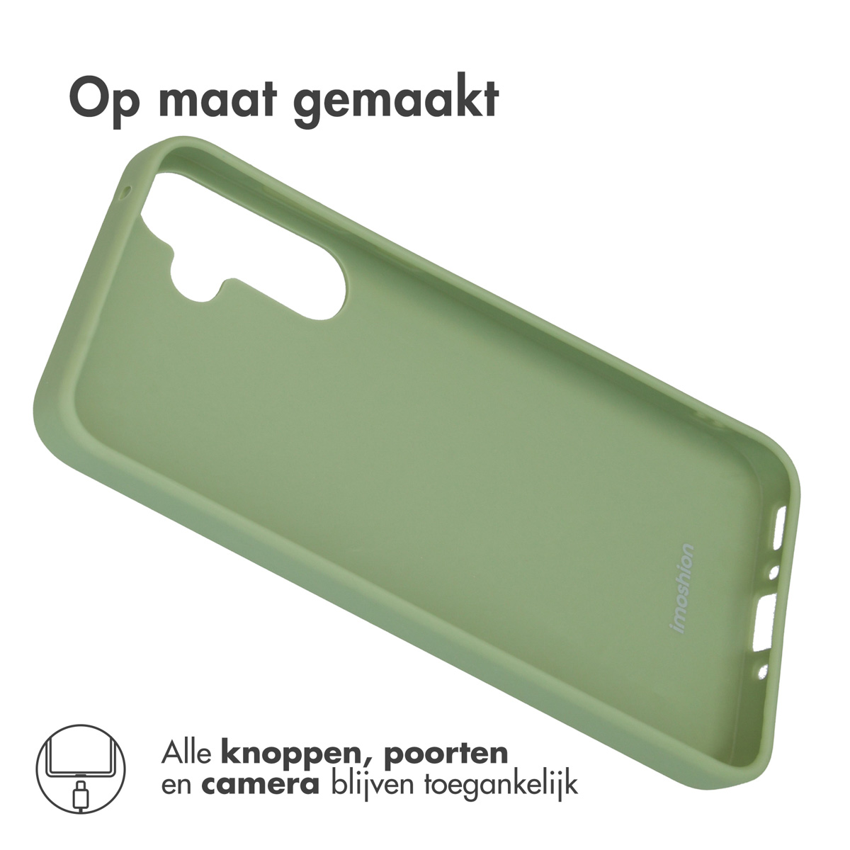 Une coque de téléphone vert clair avec découpes pour appareil photo et ports.
