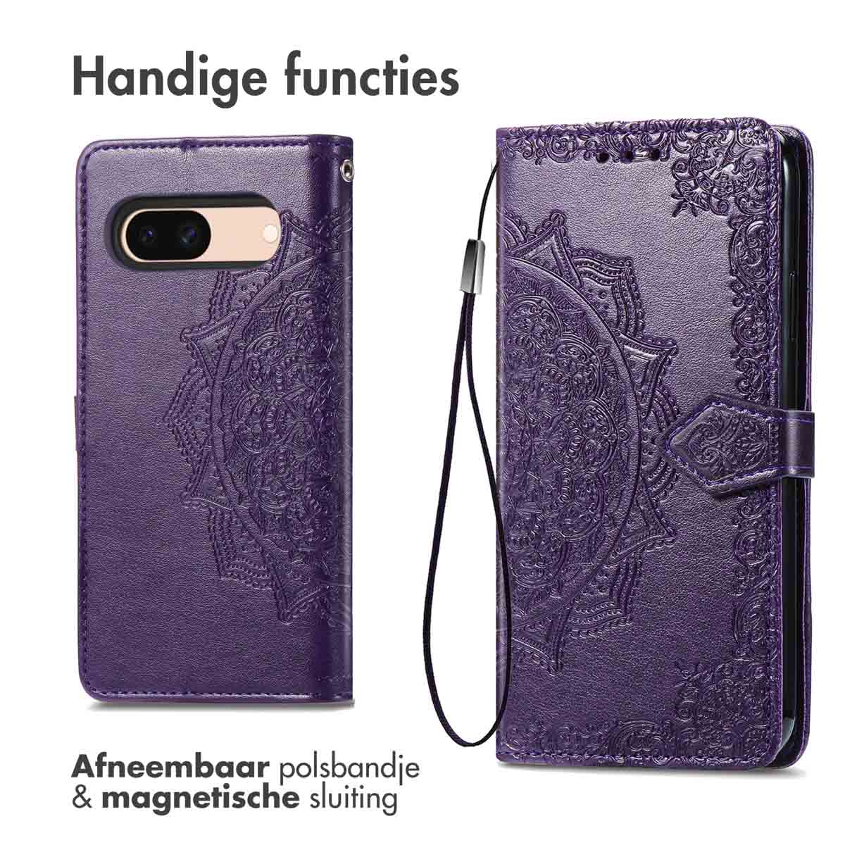 Paars telefoonhoesje met reliëf mandala patroon, open en gesloten weergaven.