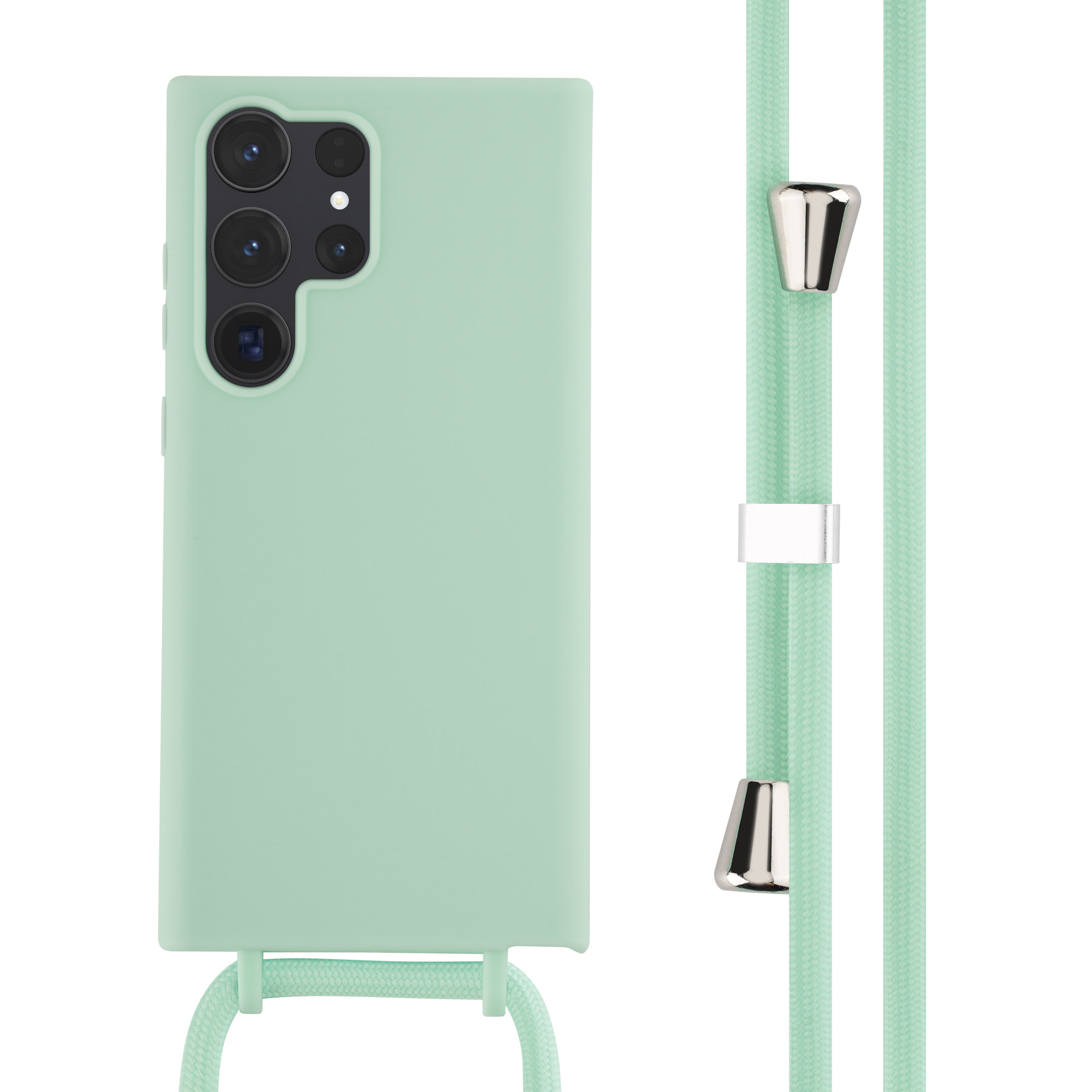 Coque de téléphone verte avec lanière. Fond blanc. Le téléphone est visible.