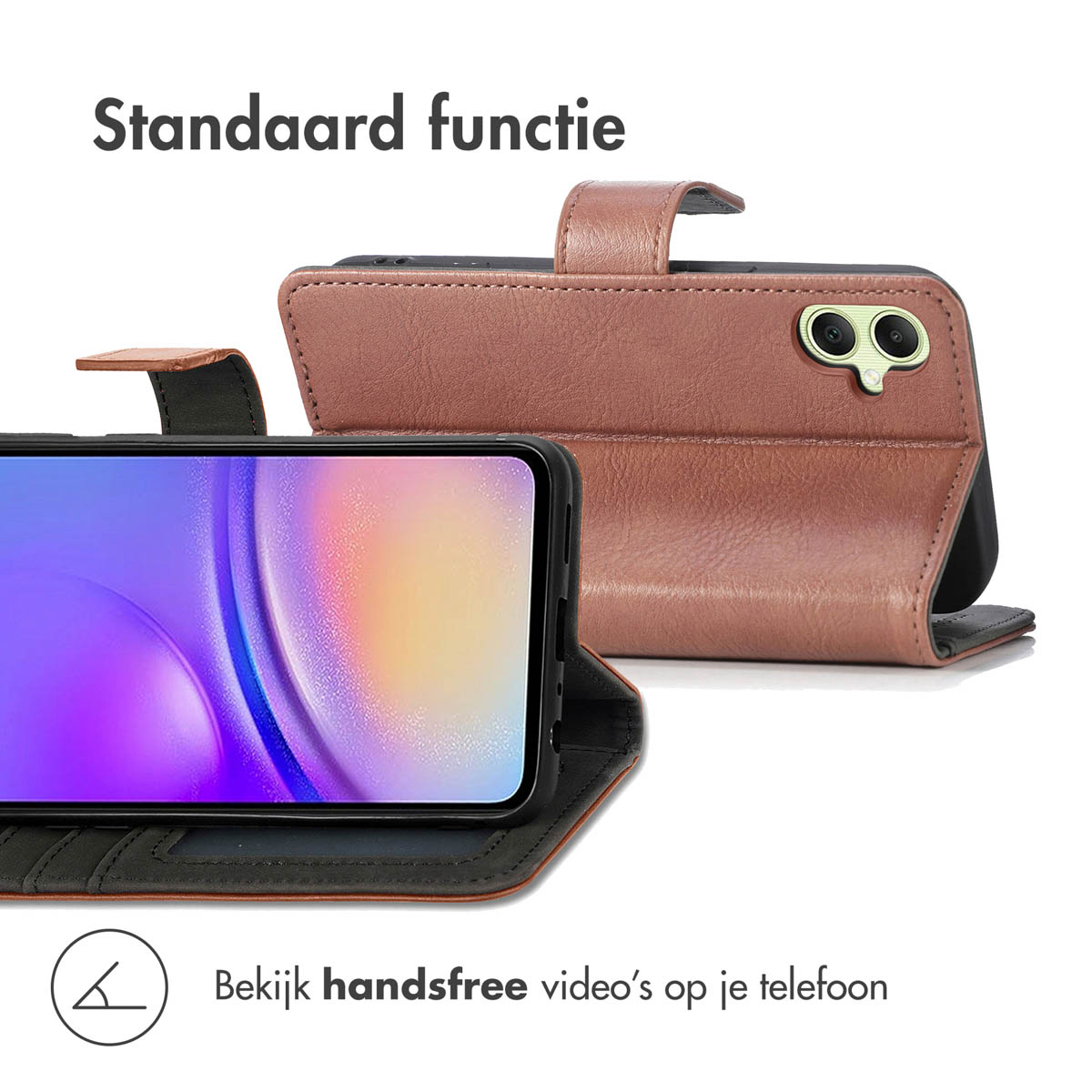 Bruine lederen telefoonhoes met standaardfunctie en dubbele cameralens.