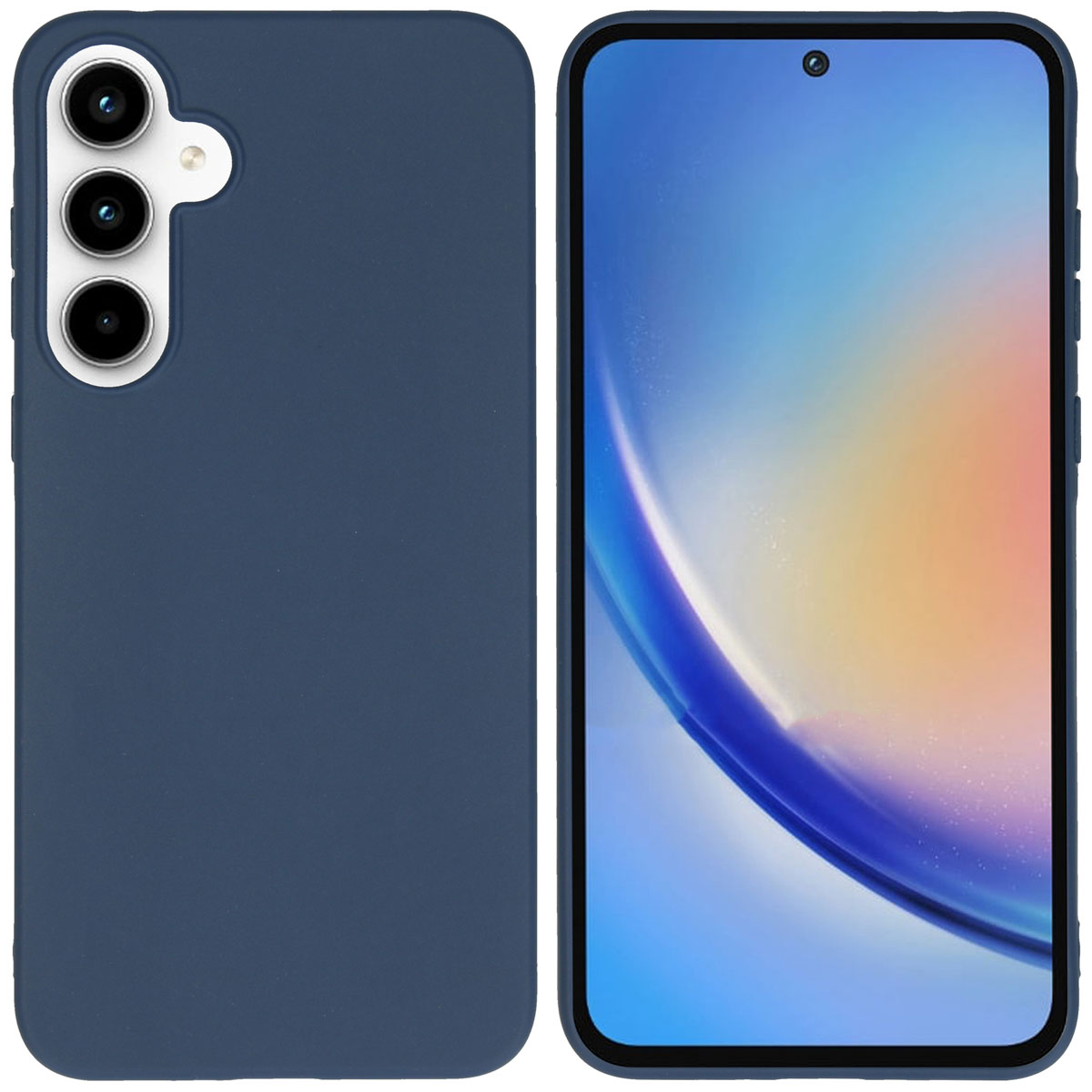 Une coque de téléphone bleu marine, à côté d'un téléphone avec un écran. La caméra du téléphone est visible.