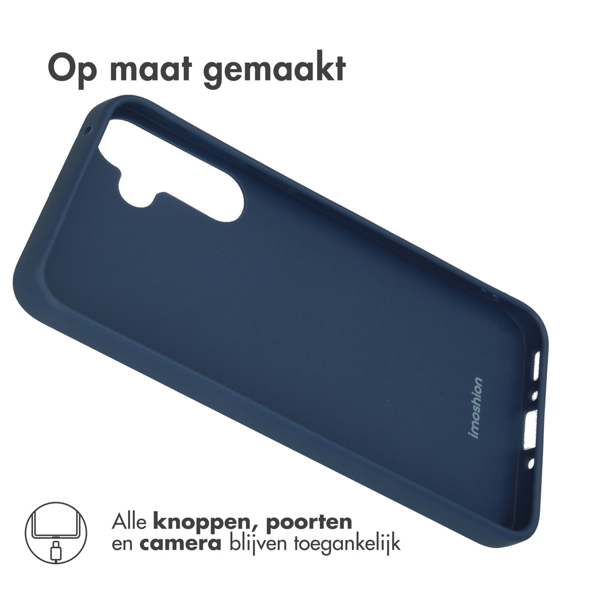 Coque de téléphone bleue marine en silicone avec découpes pour appareil photo et ports.