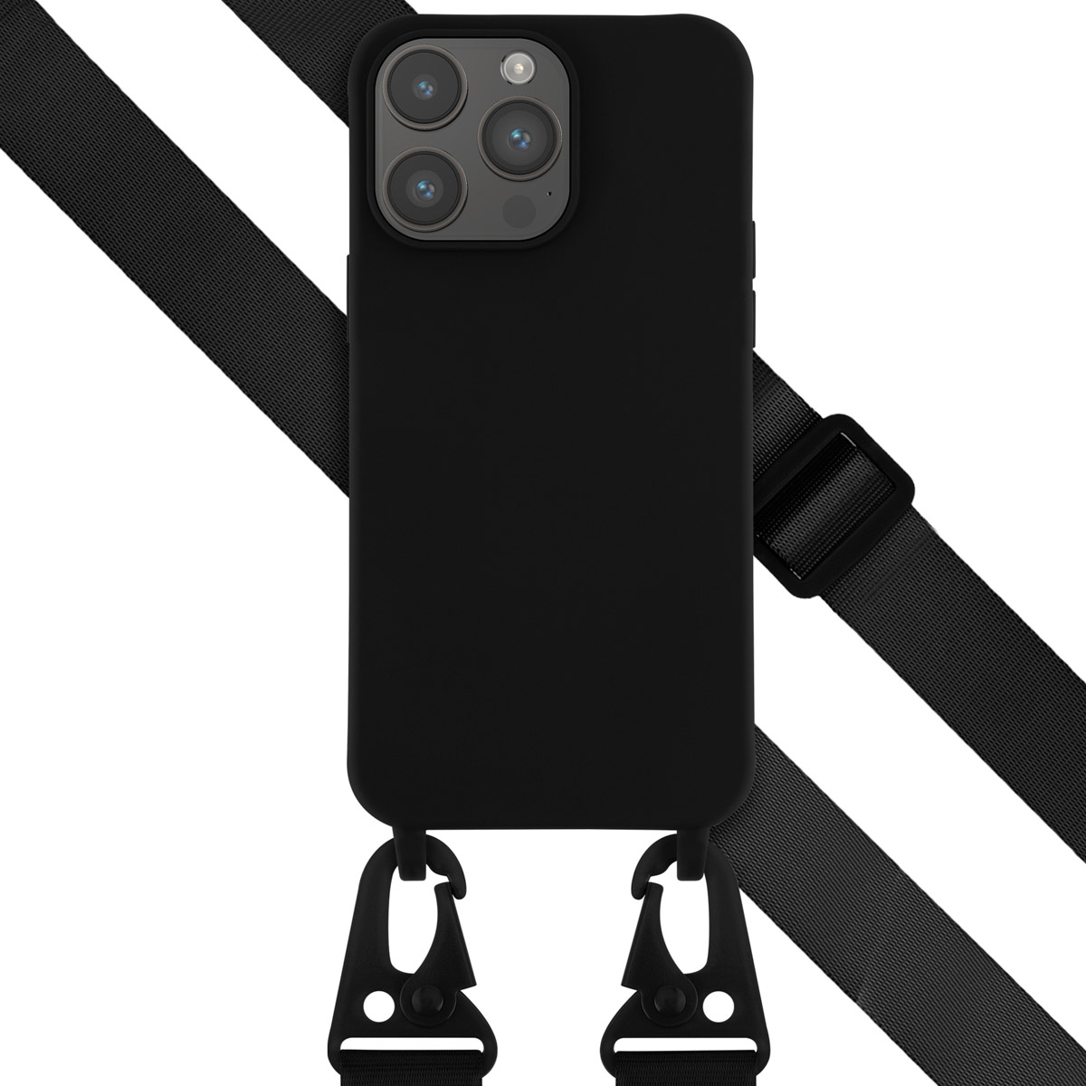 Custodia nera con cinturino nero. La custodia ha 3 fotocamere.