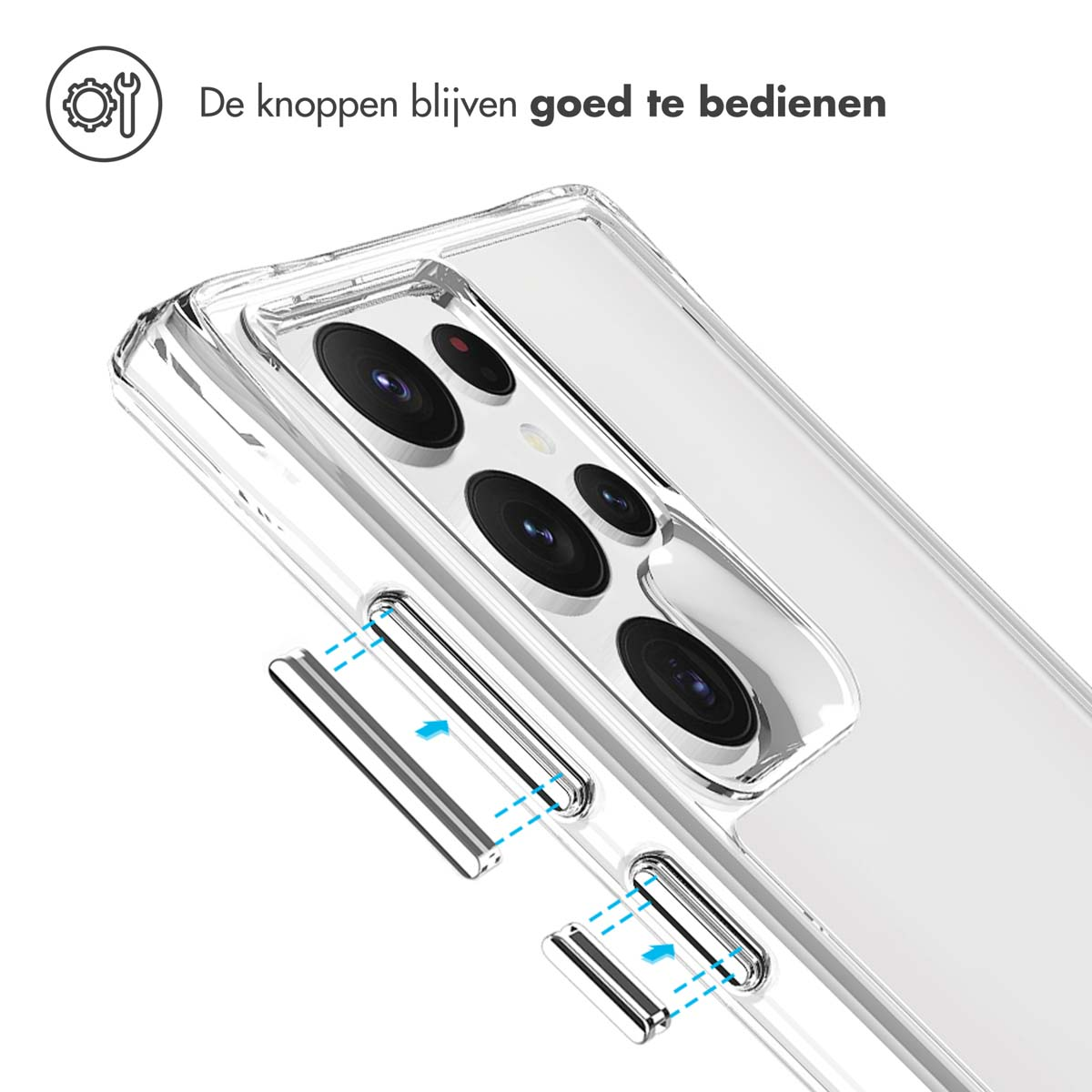 Clear phone case highlighting accessible button functions with arrows.