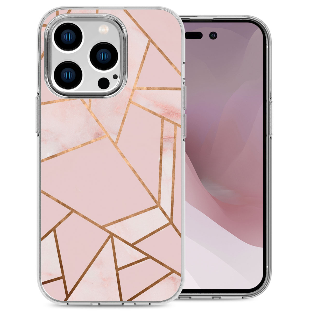 Una custodia per telefono con un design in marmo rosa e un telefono all'interno.