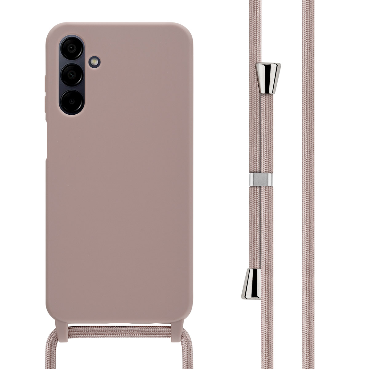 Een stoffige roze telefoonhoes met een bijpassend koord. De hoes is aan het koord bevestigd.