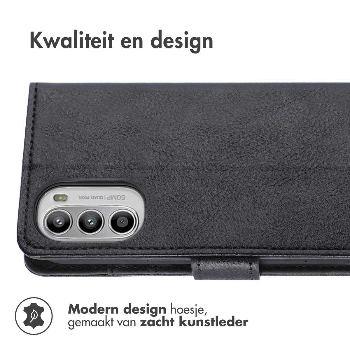 Zwarte kunstleren flipcase voor smartphone met 3 camera's.