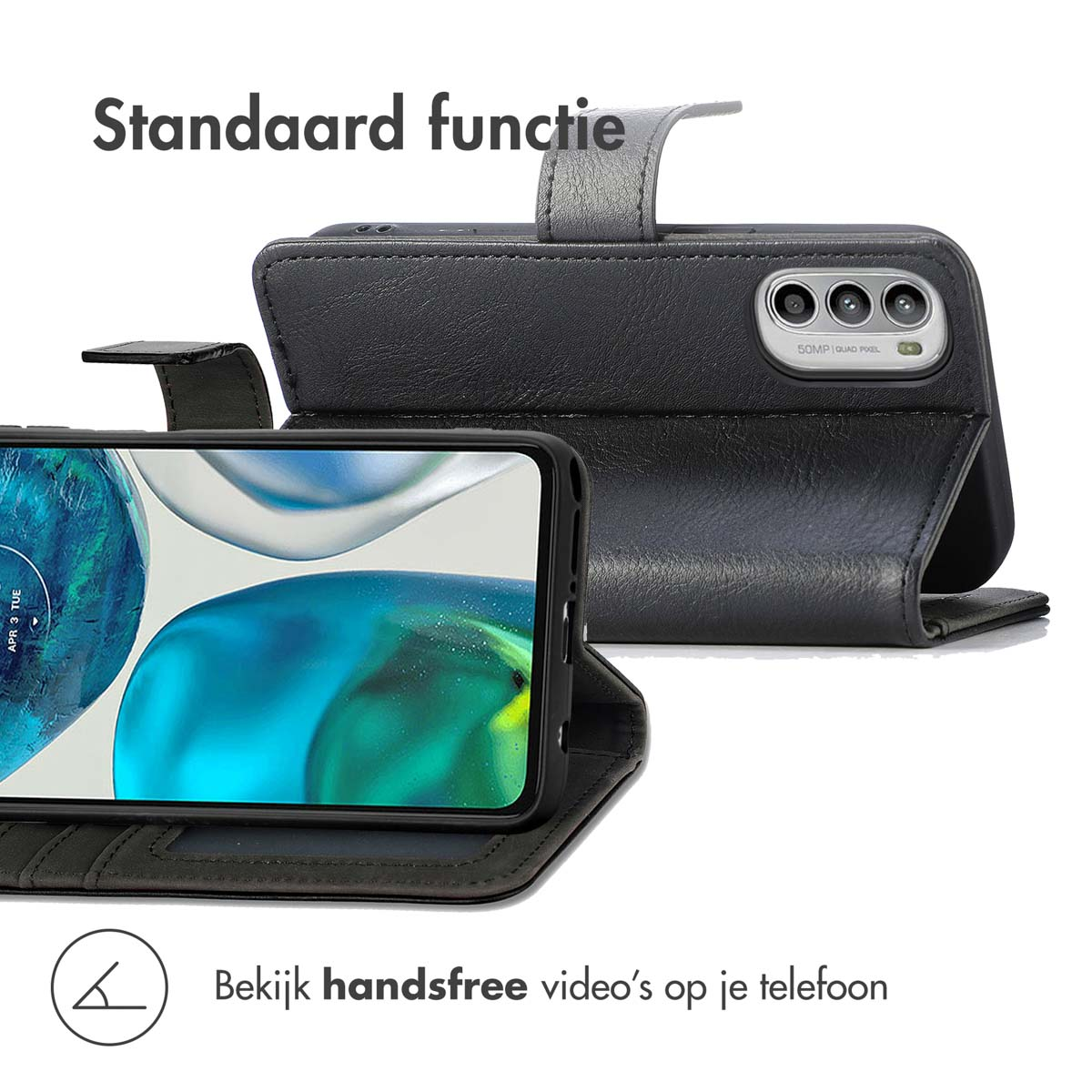 Zwarte telefoonhoes met een telefoon erin. Grijze band zichtbaar. Hij is open.