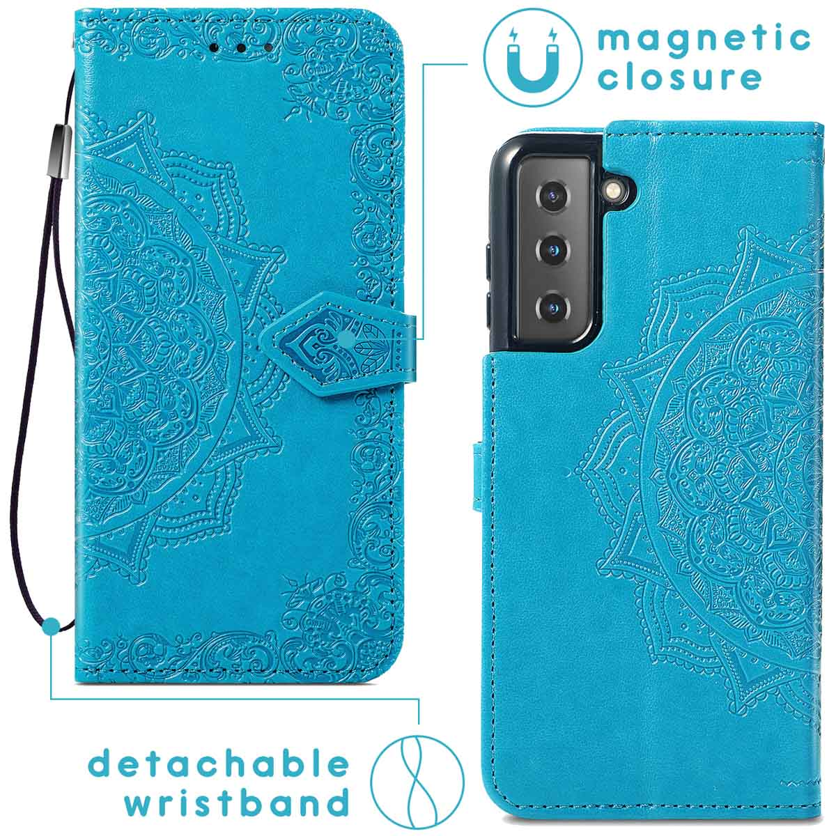 Blauwe telefoonhoes met een mandala-ontwerp. Afneembare polsband en magnetische sluiting.
