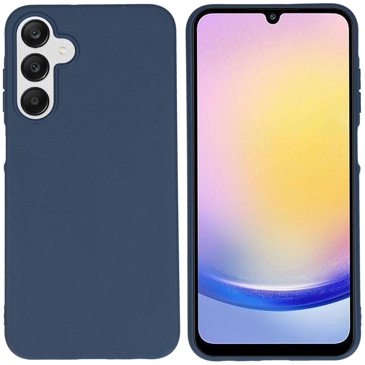 Marineblauwe telefoonhoes, telefoon erin. Drie camera's. Hoes op een witte achtergrond.