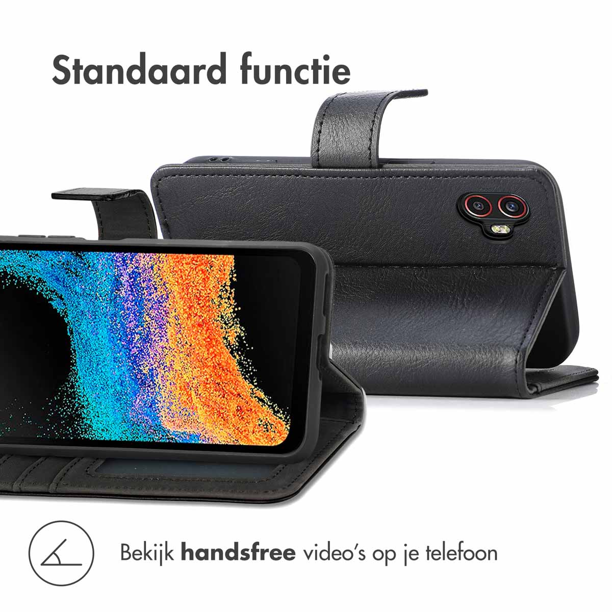 Étui noir pour téléphone avec fonction de support et téléphone.