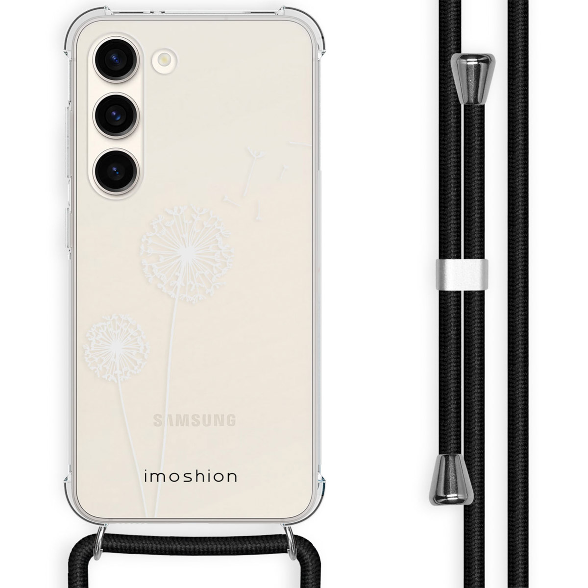 Transparante telefoonhoes met paardenbloemontwerp en zwart koord, onderaan bevestigd.