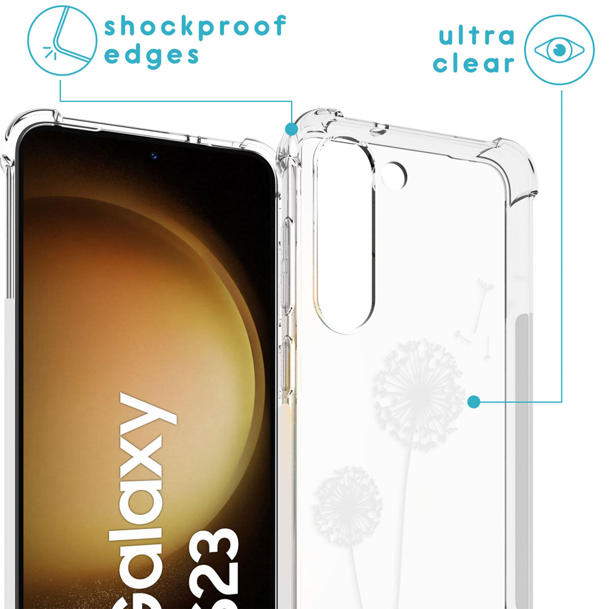 Een telefoonhoesje is transparant met een paardenbloempatroon. Details tonen schokbestendige randen.