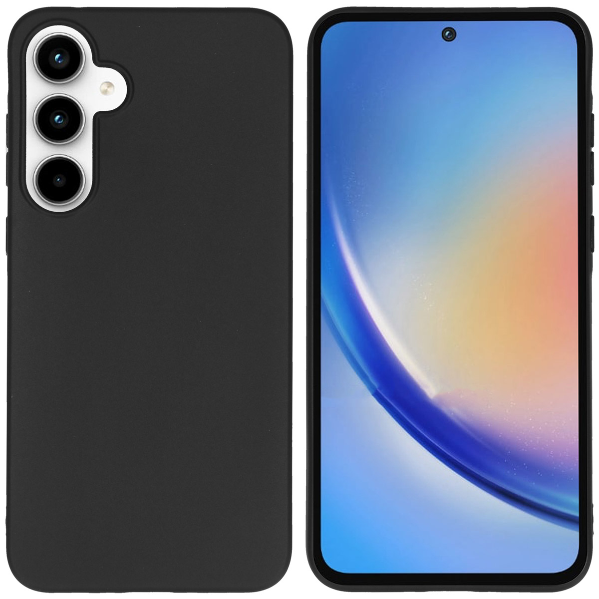 Zwarte telefoonhoes met drie camera's. Het scherm van de telefoon is rechts zichtbaar.