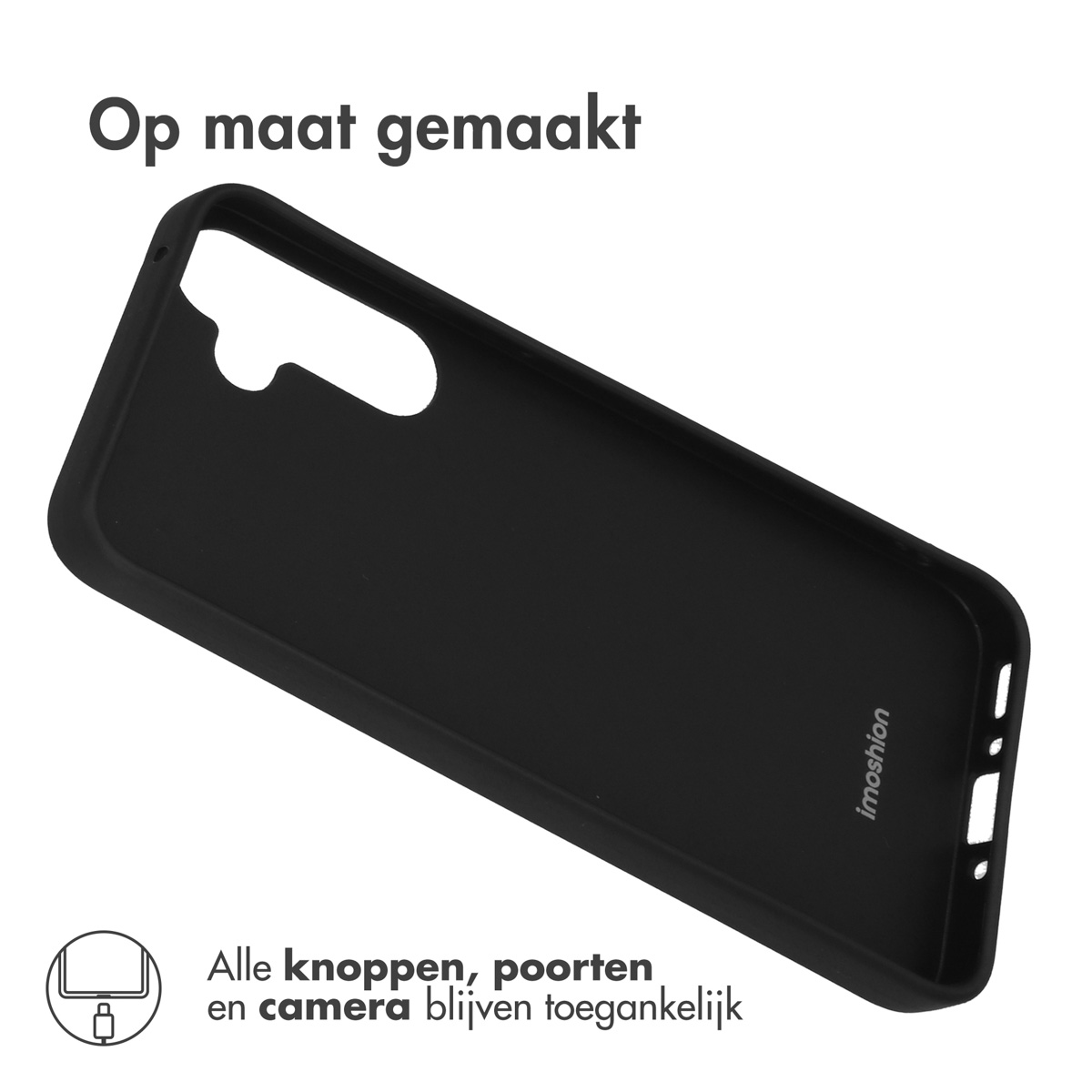 Zwarte telefoonhoes, logo aan de binnenkant, uitsparingen voor poorten en camera.