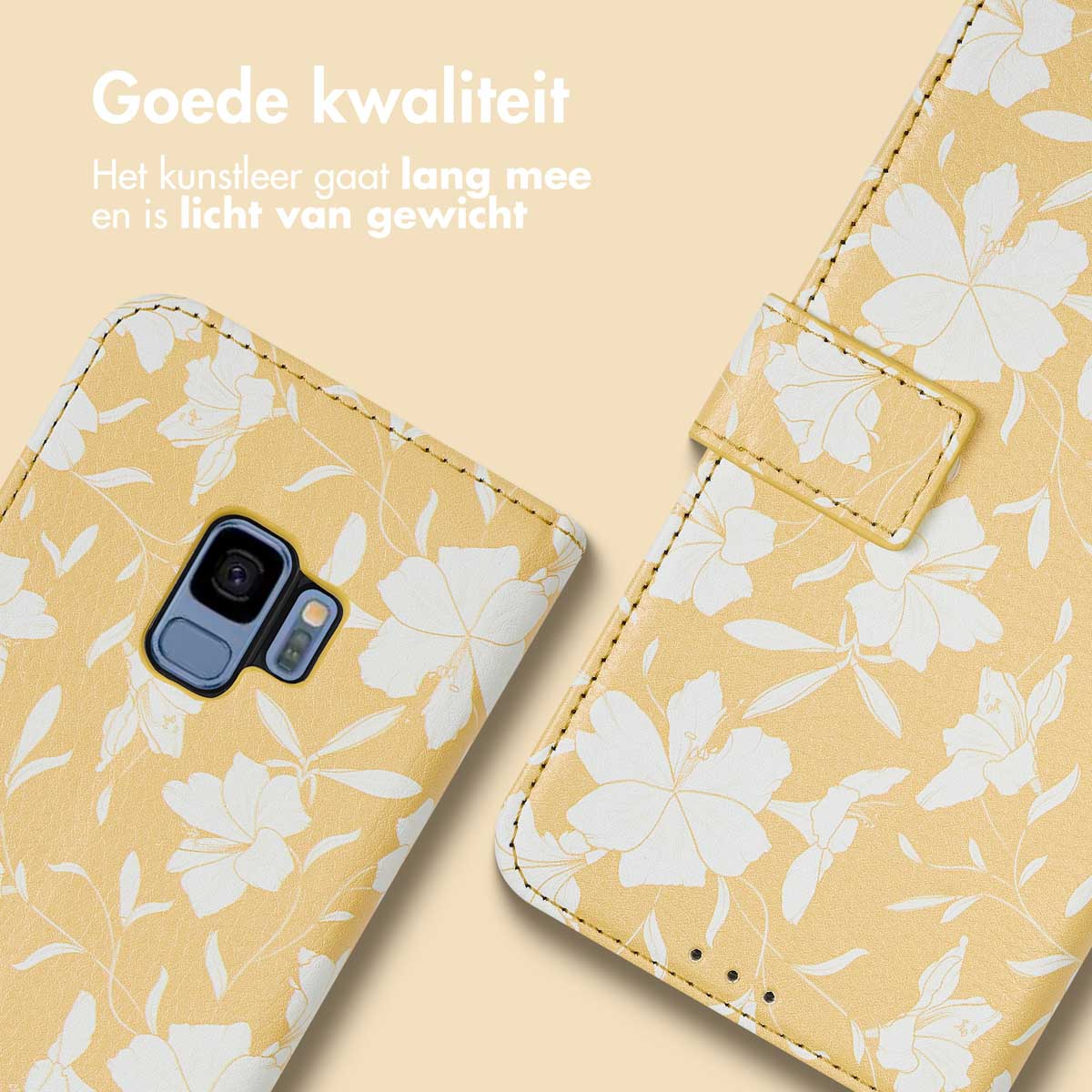Gele telefoonhoes met wit bloemmotief, open en toont de telefoon. Tekst op de achtergrond.