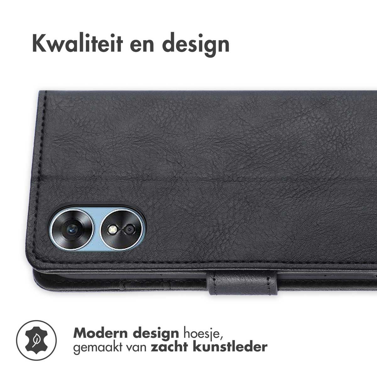 Étui de téléphone noir en similicuir avec découpes pour appareil photo et texte.