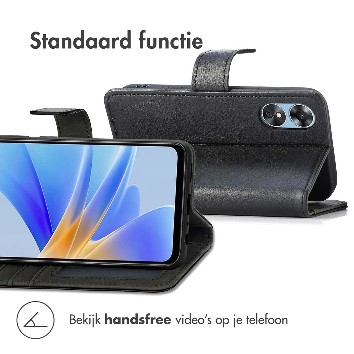 Étui de téléphone noir ouvert, montrant l'écran et le détail de la caméra arrière.