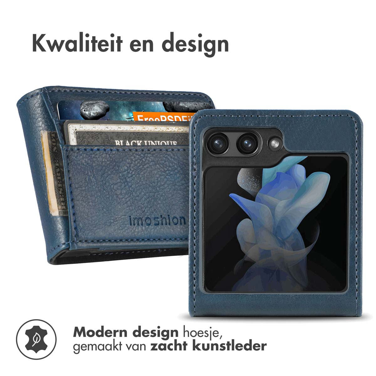 Custodia a portafoglio in pelle blu scuro con fessure per carte e custodia per telefono floreale.