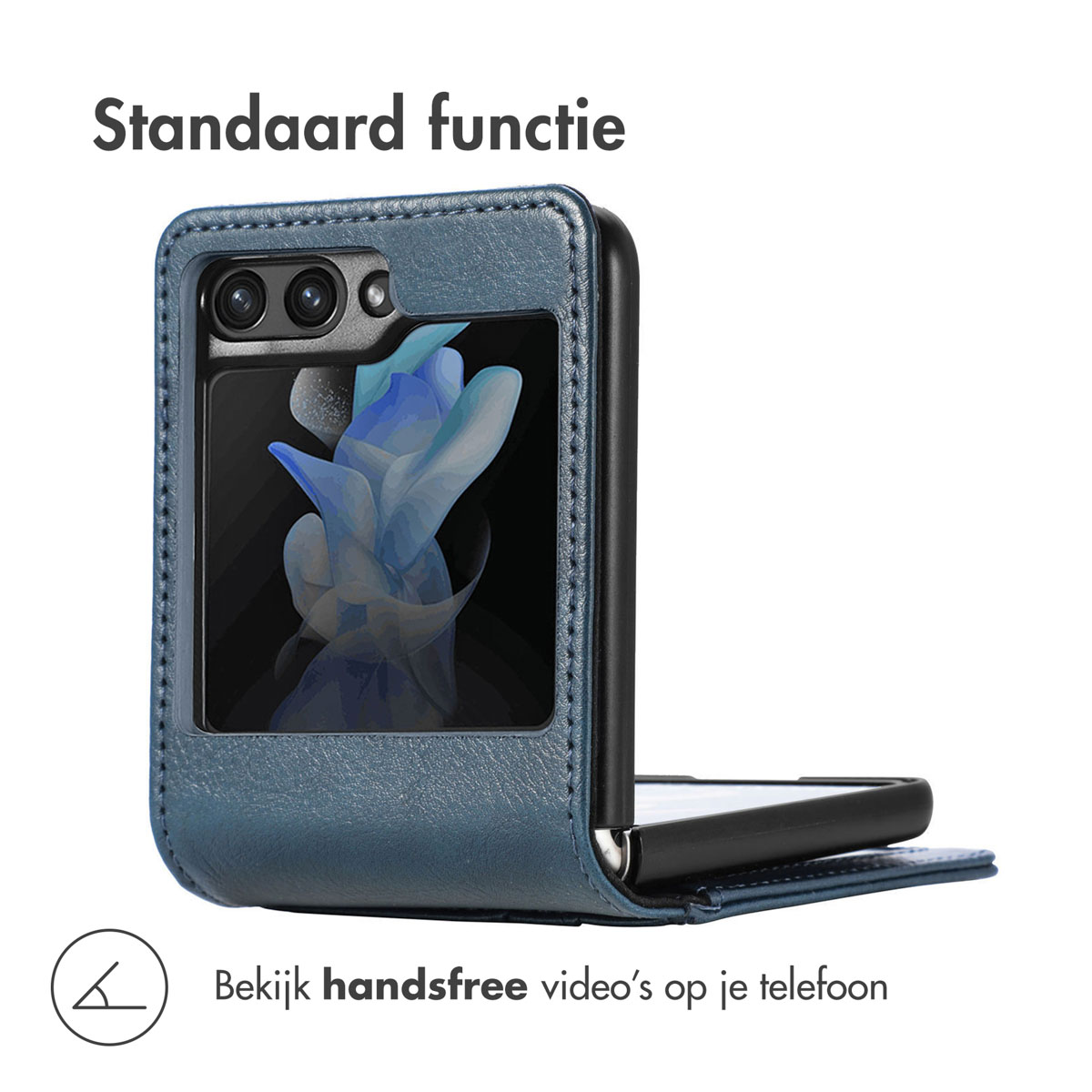 Una custodia a libro in pelle blu per smartphone, con schermo e area fotocamera visibili.
