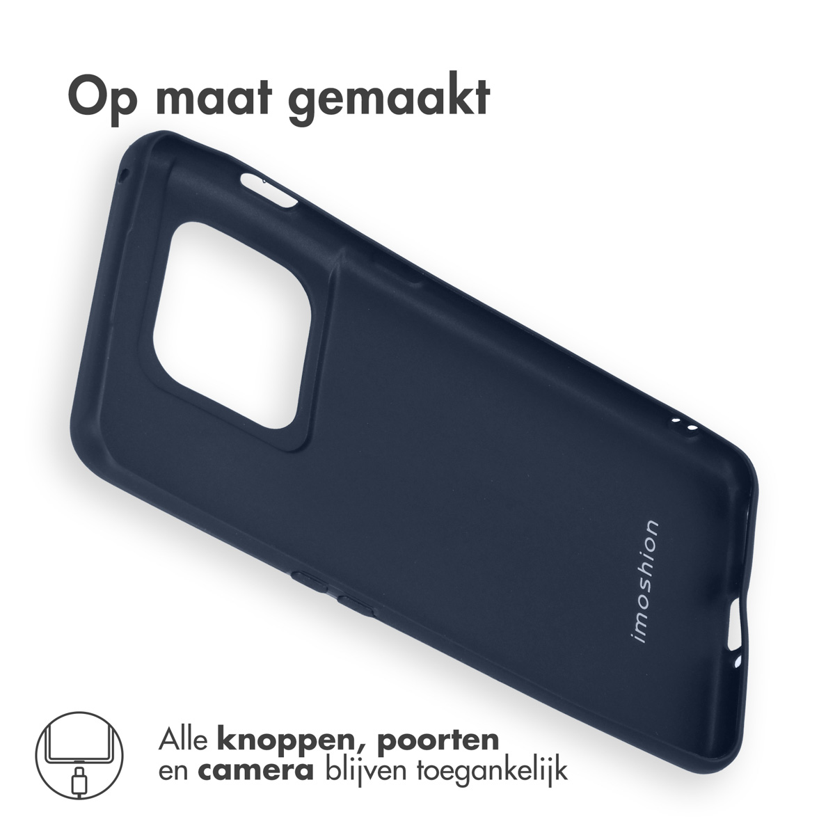 Custodia per telefono blu scuro con ritagli per fotocamera, pulsanti e porte.