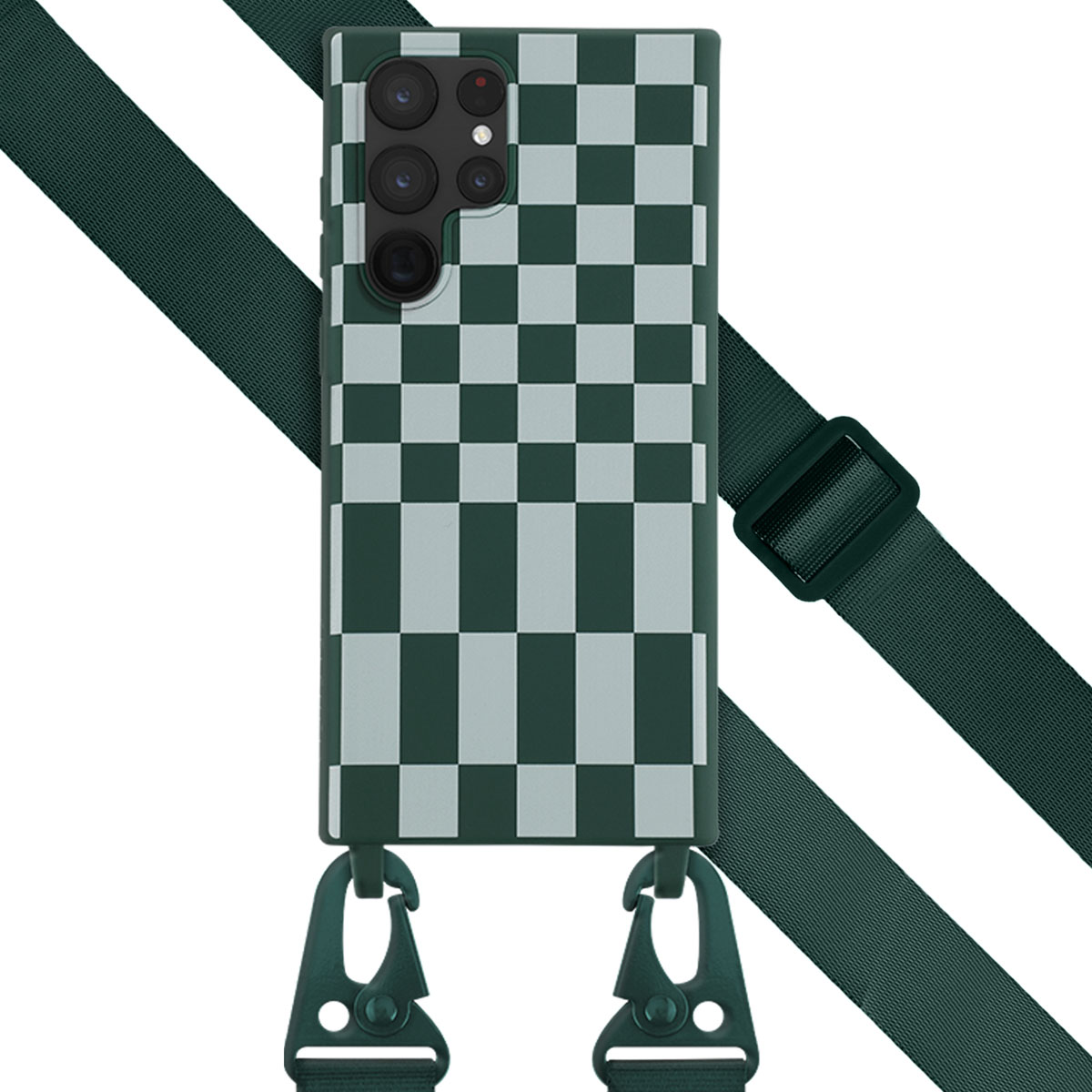 Custodia per telefono a scacchi verde e grigio con cinturino verde e chiusure argentate.