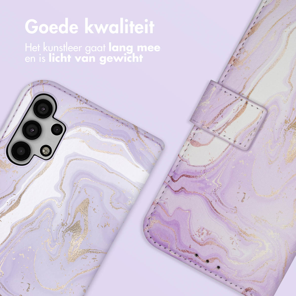 Paarse marmeren telefoonhoes en portemonnee met gouden accenten op lichte achtergrond.