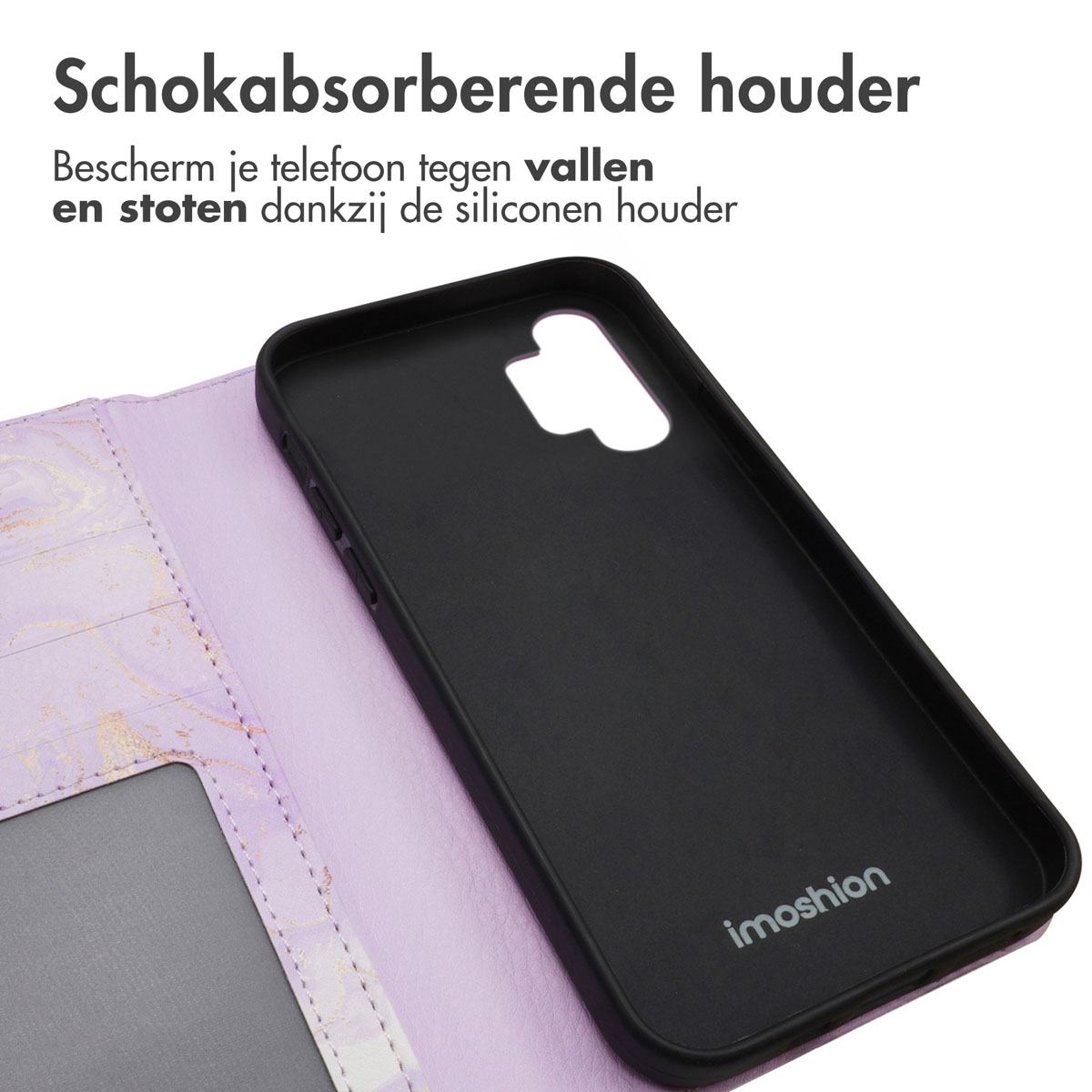 Zwarte telefoonhoes met paarse marmeren portemonhoes.