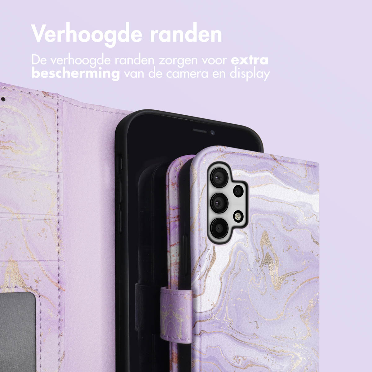 Paarse marmeren telefoonhoes met verhoogde randen voor camera- en schermbescherming.