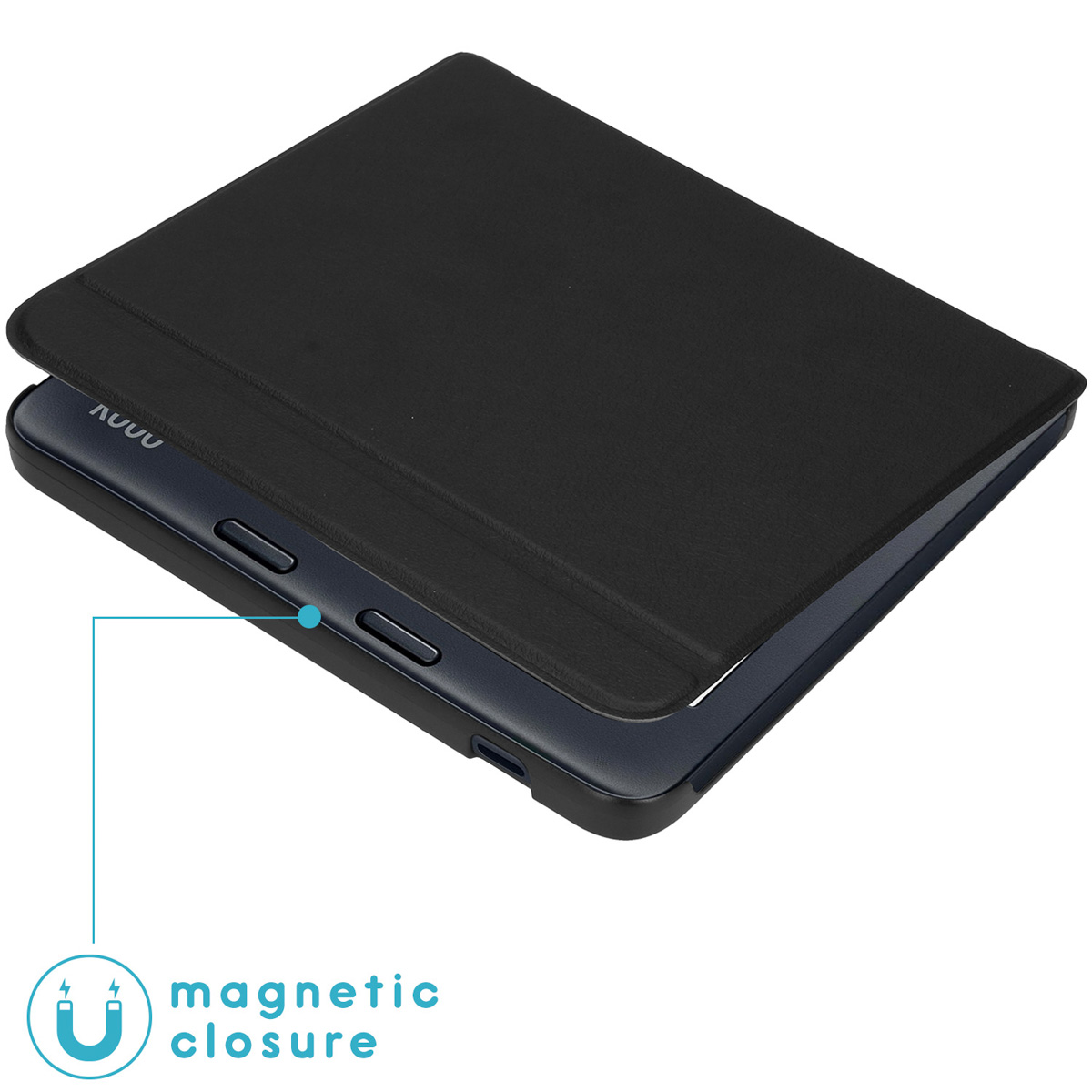 Étui de tablette noir avec fermeture magnétique. L'étui est ouvert, révélant la tablette. La marque est visible.