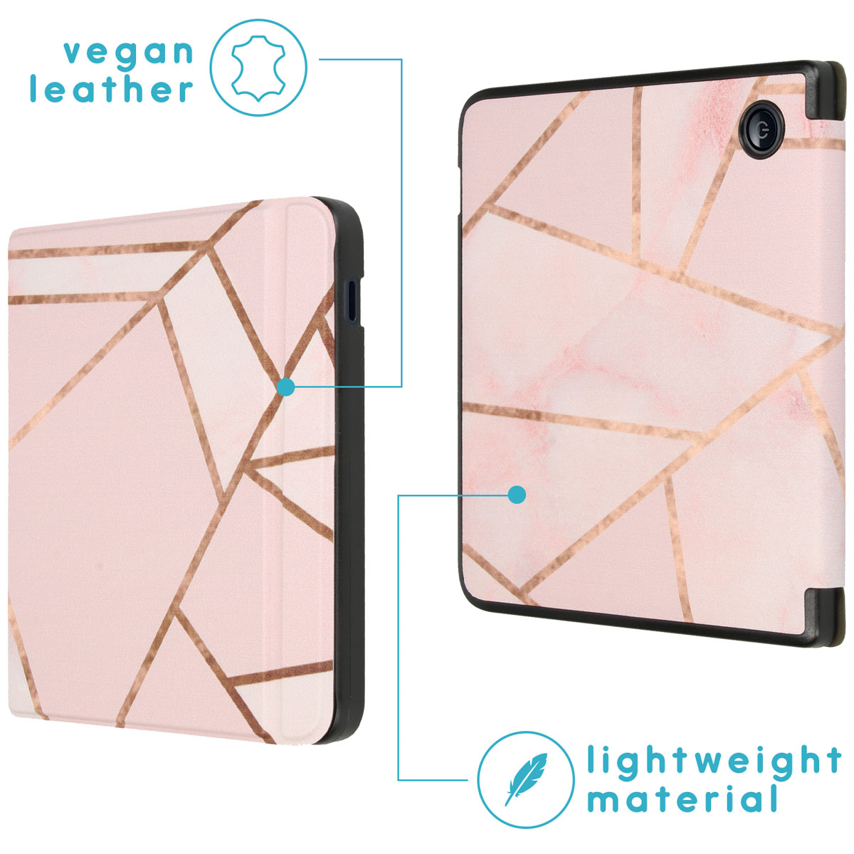 Étui de tablette rose avec des lignes géométriques dorées. C'est du cuir végétal et un matériau léger. Cadre noir. Caméra visible.