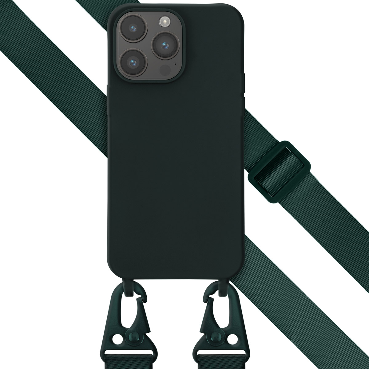 Custodia nera per telefono con cinturino verde scuro. Mostra gli attacchi del cinturino.