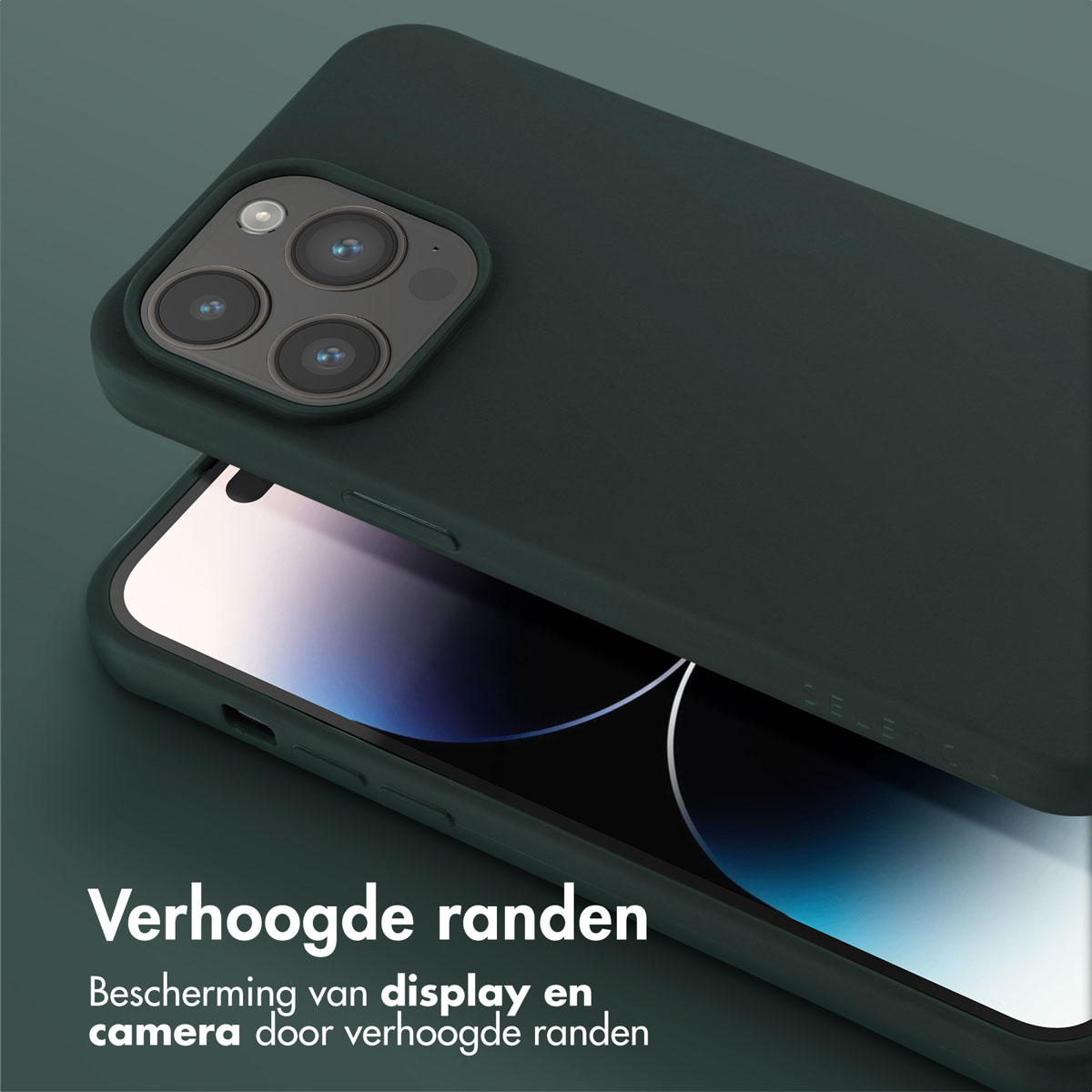 Custodia verde scuro sul telefono. Il testo dice, Protezione del display e della fotocamera tramite bordi rialzati.