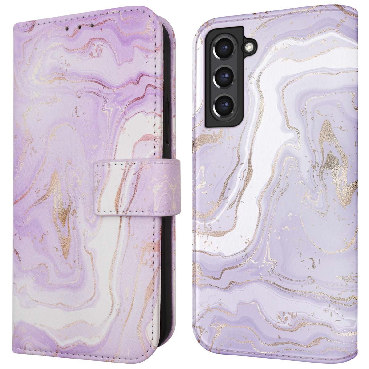 Coque de téléphone en marbre violet avec des accents dorés. Montre la caméra.