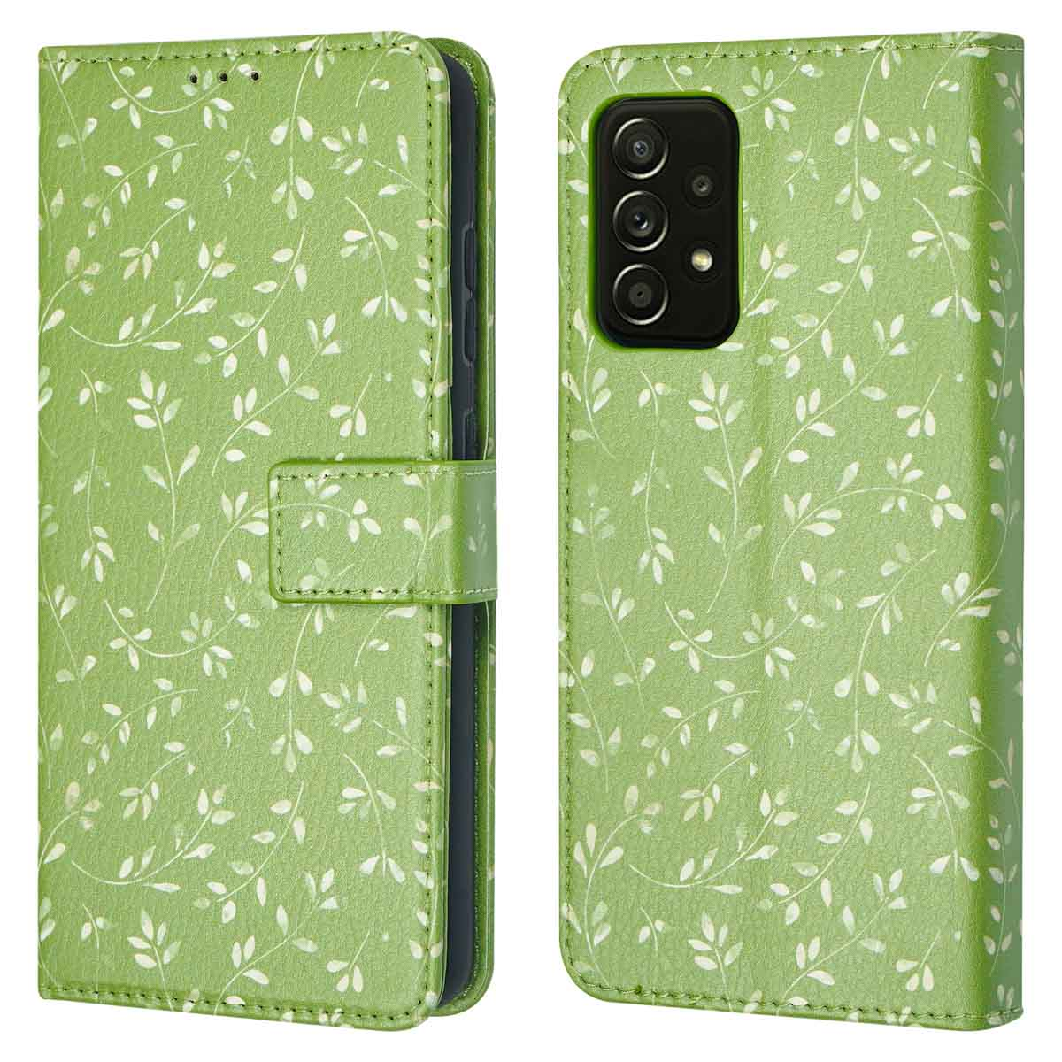 Groene telefoonhoes met bladerpatroon, open en gesloten.